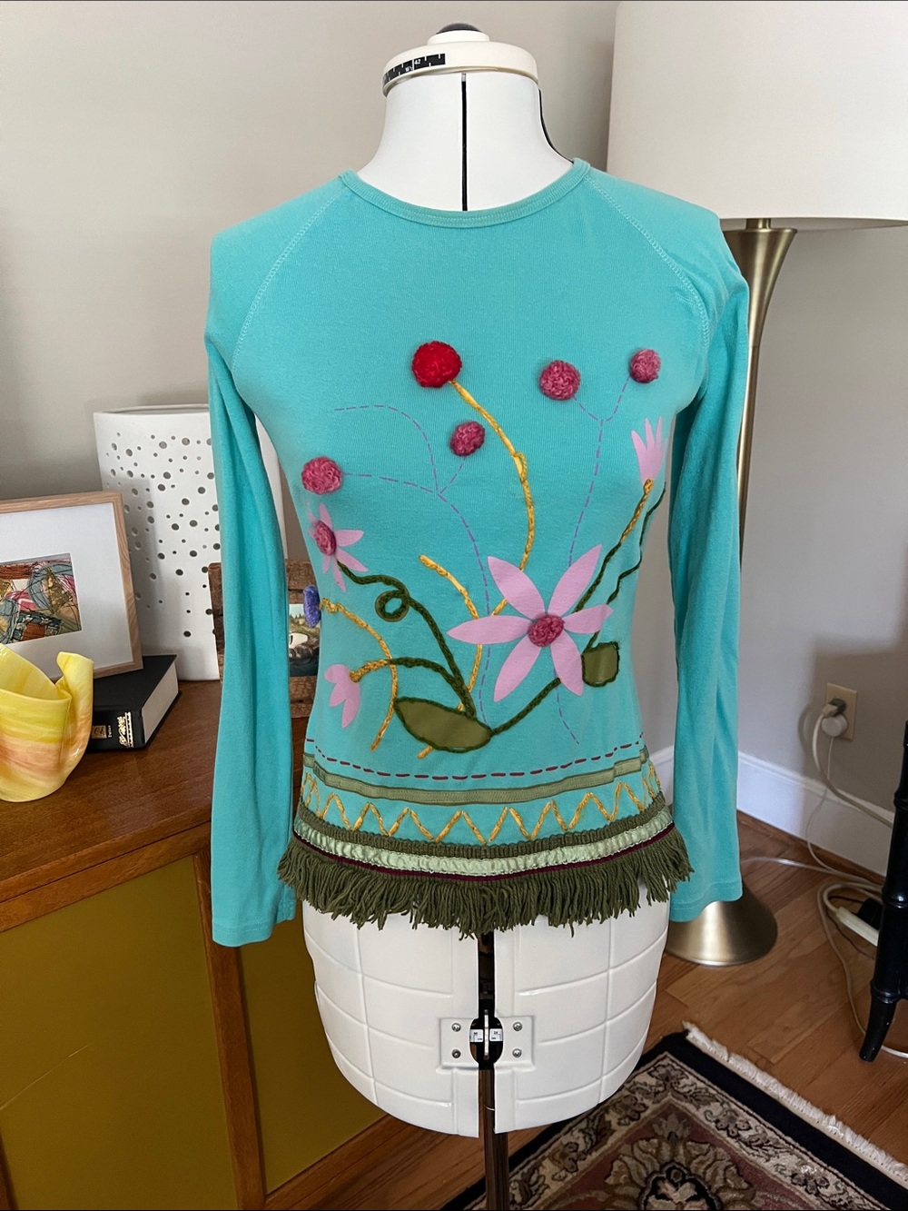 Women’s Turquoise Floral Fringe Long-Sleeve Tee
